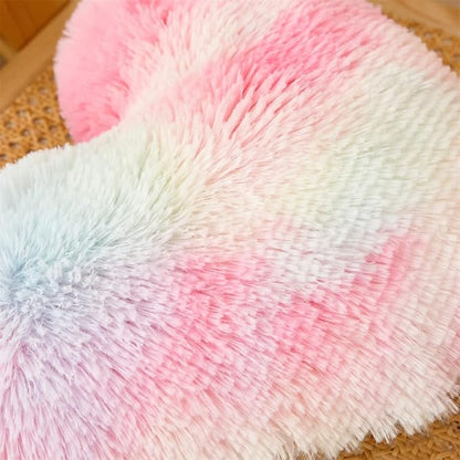 MOOWOO Rainbow Fluffy Heart Pillow,Valentines Day Decor Faux Fur Throw Pillow,Sherpa Plush Shaggy, Girl Room Decor,Heart Shape for Mothers Day,Christmas Decorations(Colorful)