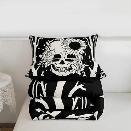 Erosebridal Halloween Skeleton Toddler Comforter Set, Gothic Skull Bedding Set, Skull Floral Comforter for Kids Boys Girls Teens Women Men Vintage Halloween Decor, Sun and Moon Black Goth Quilt