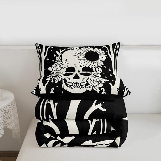 Erosebridal Halloween Skeleton King Size Comforter Set, Gothic Skull Bedding Set, Skull Floral Comforter for Kids Boys Girls Teens Women Men Vintage Halloween Decor, Sun and Moon Black Goth Quilt