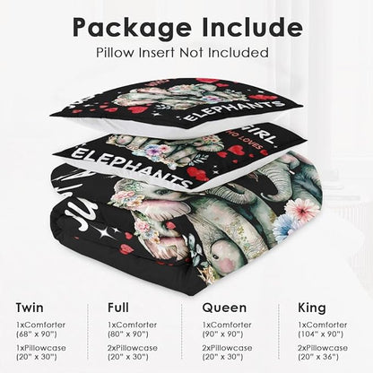 King Size Comforter Set with 2 Pillowcases, Cute Animal Elephant 3 Pcs Bedding for Kids and Adults, Funny Watercolor Flower Soft Comforter Set for Bedroom Bed Decor