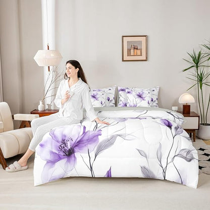 Erosebridal Bohemian Flower Twin 7 Pcs Bedding Set, Purple Floral Artistic Comforter Set with Sheets for Women, Elegant Watercolor Floral Boho Bed in A Bag, Ink Painting Style Blossom & Leaf Bed Sets