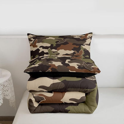 Erosebridal 3D Duck Comforter Set Twin Size Camo Camouflage Bedding Set for Kids Boys Girls Green Dark Wildlife Comforter Flying Animals Hunting Quilt Bedroom Decor