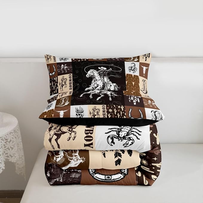 Cowboy Comforter Set King Size,Western Bedding For Boys,Bull Skull Horse Bedding Comforter Sets,Boho Arrows Feather Quilt Set Brown Plaid Grid Print Duvet For Kids Teens Room Decor,2 Pillowcases