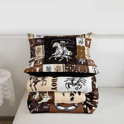 Cowboy Comforter Set King Size,Western Bedding For Boys,Bull Skull Horse Bedding Comforter Sets,Boho Arrows Feather Quilt Set Brown Plaid Grid Print Duvet For Kids Teens Room Decor,2 Pillowcases