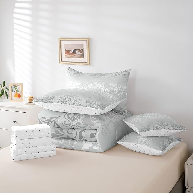 Erosebridal Gothic Damask Bed in a Bag King Size Comforter Set 7 Pieces,Sun Moon Tree of Life Bedding Sets Silver White Victorian Floral Goth Sheet Set with Comforter