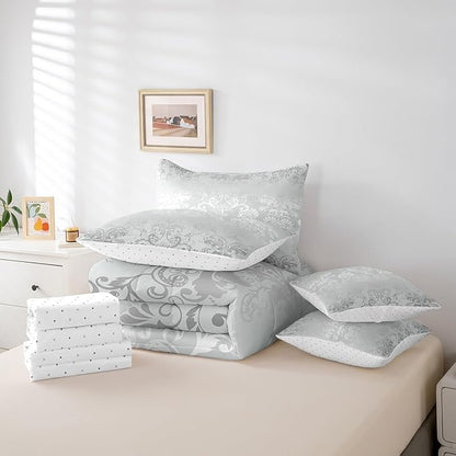 Erosebridal Gothic Damask Bed in a Bag King Size Comforter Set 7 Pieces,Sun Moon Tree of Life Bedding Sets Silver White Victorian Floral Goth Sheet Set with Comforter