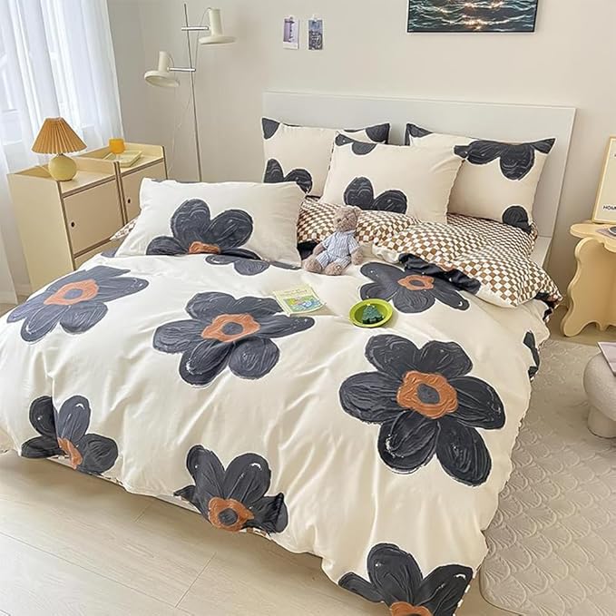CLOTHKNOW Black Floral King Size Comforter Set 3Pcs Sunflower Bedding Comforter Sets Pumpkin Grid Comforter Boho Comforter with 2 x Pillow Cases