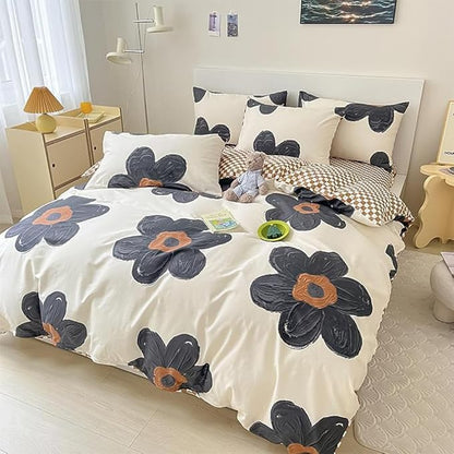 CLOTHKNOW Black Floral King Size Comforter Set 3Pcs Sunflower Bedding Comforter Sets Pumpkin Grid Comforter Boho Comforter with 2 x Pillow Cases