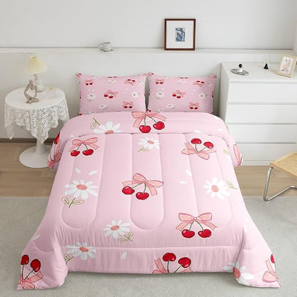 Pink Bowknot Girly Comforter Set Twin Size,Bow Daisy Flowers Plant Cute Bedding Set,Girls Women Room Decor,Cherry Bow Tie Princess Castle Down Comforter,Pink Romantic Duvet Insert,1 Pillowcase