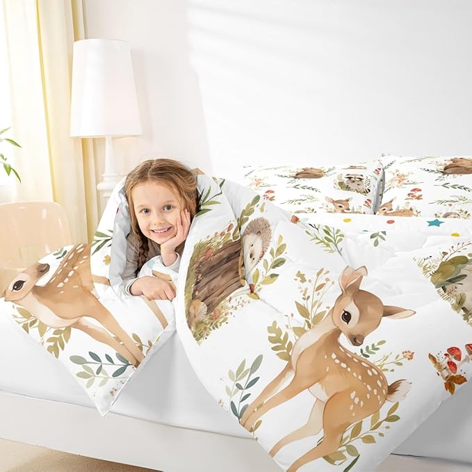 Erosebridal Kids Cute Deer Queen Size Bedding Set, Woodland Animal Down Comforter Rabbit Hedgehog Comforter Set for Boys Teens Girls Room, Mushroom Branches Rustic Quilt, Soft Microfiber