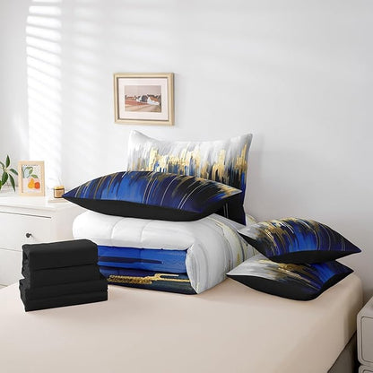 Navy Bed in a Bag 7-Piece Graffiti Ombre Bedding Set, Brush Strokes Oil Painting King Size Comforter Set Modern Contemporary Bedding Comforter Sets, Gold Metallic Abstract Gradient Bed Set