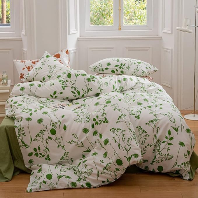 CLOTHKNOW White Green Comforter Set King Green Floral Bedding Comforter Sets Green Flowers Bedding Sets King Green Boho Bed Comforter White Comforters 3Pcs Green White Comforter Sets King