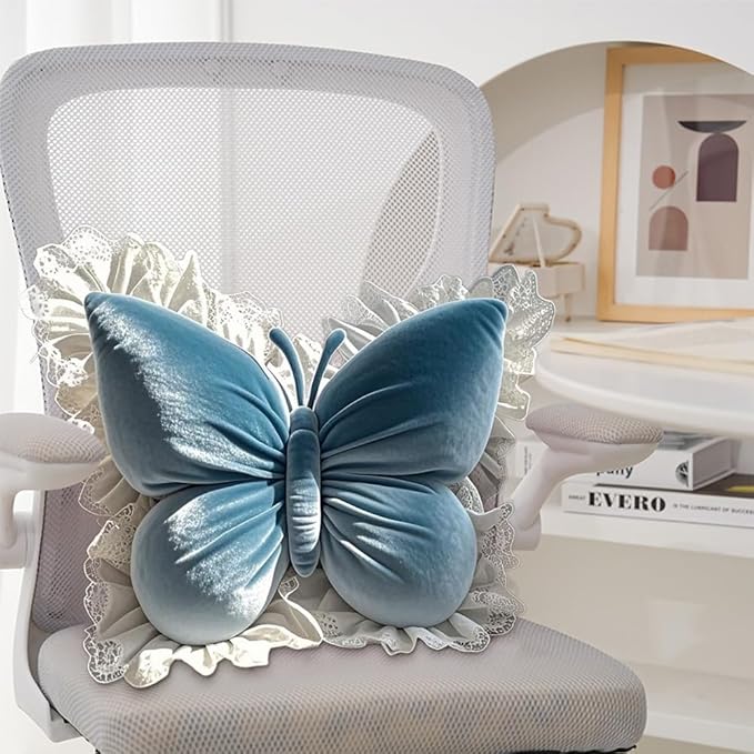 Butterfly Throw Pillow, Butterfly Shaped Decorative Pillow for Sofa Couch Bed, Plush Velvet Lumbar Support Cushion for Office Chair & Car Seat (Blue)