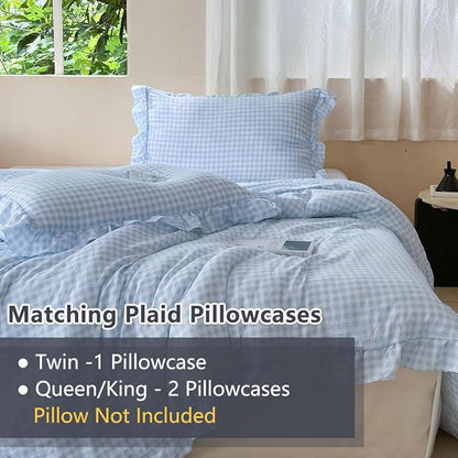 NSNLGSGC Light Blue Ruffle Gingham Comforter Set Queen, Pre-Washed Ruffled Plaid Checked Comforter Bedding, 3 Pieces Vintage Farmhouse Grid Bedding Set(Blue Gingham, Queen)