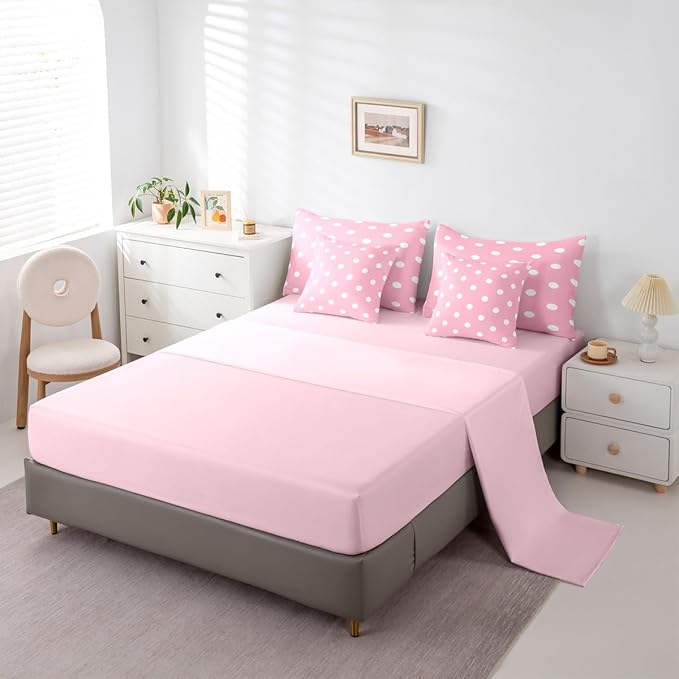 Feelyou Polka Dot 7 Piece Bedding Set Pink White Comforter Set with Sheets for Kids Boys Girls Geometric Plaid Bed in a Bag Modern Cute Bed Set Soft Lightweight