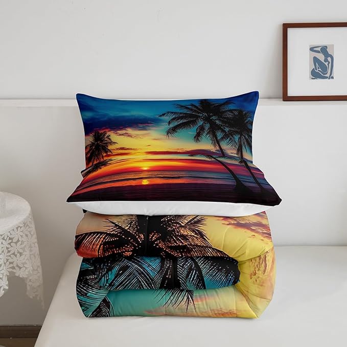 Erosebridal Palm Leaf Comforter Set Full Size, Ocean Beach Down Comforter, Nature Theme Duvet Set, Sunset Bedding Set for Bedroom Decorative, Hawaiian Quilted Duvet, Soft Bedding Collection