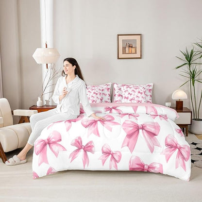 Feelyou Pink Bow Comforter Set with Sheets 7 Piece Full Size Cute Bowknot Bed in a Bag Kids Boys Girls Princess Decor Bedding Set Kawaii Bedroom Decor Breathable Soft Lightweight Microfiber