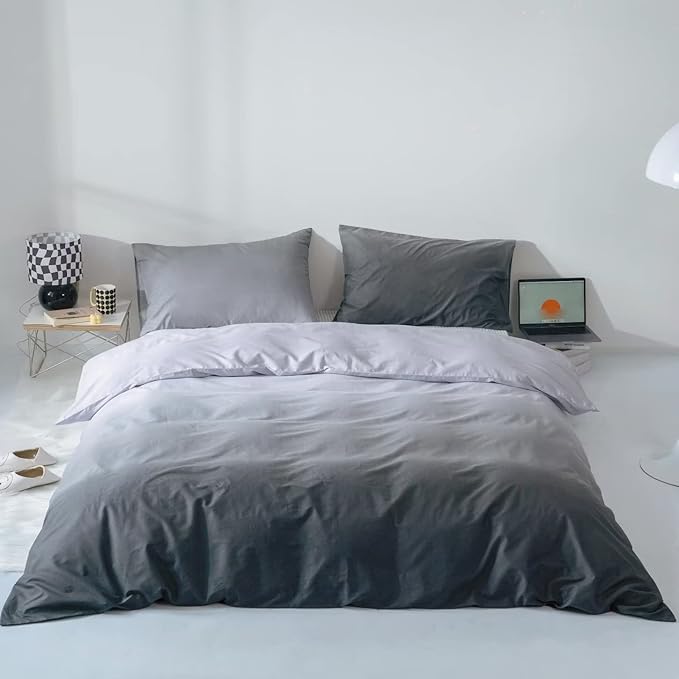 KAREVER Gradient Gray Comforter Set Ombre White Gray Bedding Set Cal King Women Aesthetic 3 PCs Bed Blanket Set California King