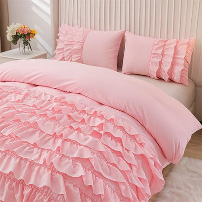Holawakaka Pink Waterfall Ruffle Comforter Set Full Size Multi-Layers Ruffled Shabby Chic 3PCS Bedding Set for Girls Women