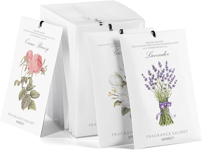 MYARO 12 Pack Assorted Floral Scented Sachets - Lavender, Rose, Jasmine, Ocean, Gardenia & Lily | Drawer, Closet & Car Air Freshener Bags | Multi-Scent Home Fragrance Gift Set