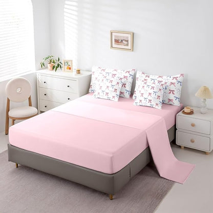 Erosebridal Bowknot King Comforter Set Bow 7-Piece Bed in A Bag Sweet Ribbon Dreamy Fairy Kawaii Sheets and Pillowcases Pink White Bed Sets