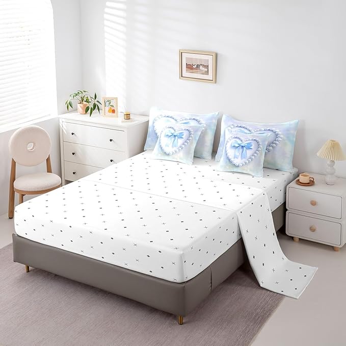 jejeloiu Girls Silk Bow 7 Piece Bedding Set King Size Blue Pearl Comforter Set with Sheets for Kids Women Princess Style Bed in a Bag Blue Ombre Bed Set