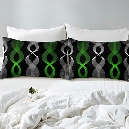 Erosebridal Green and Black Abstract Bedding Set Twin, Green Striped Comforter Set, Contemporary Boho Modern Art Comforter, Gradient Geometric Stripes Aesthetic Wavy Line Quilt for Men Adults Bedroom
