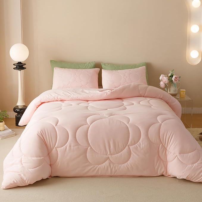 KAREVER Pink Flower Comforter Twin Pink Sunflower Print Bed Twin Comforter Set 3 Pieces Dark Pink Floral Comforter Set for Boys Girls Teens Bedroom Decor All Season Hotel Quality Comforter Set