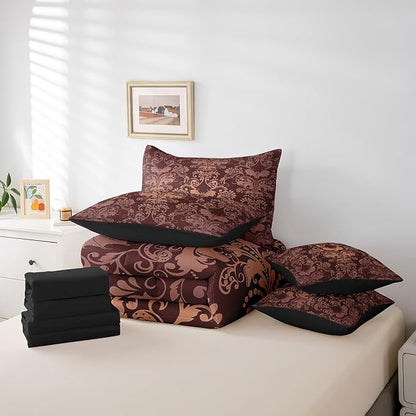 Erosebridal Gothic Damask Comforter Set 7 Piece Bed in a Bag Twin,Halloween Bat Bedding Sets Brown Victorian Floral Goth Sheet Set with Comforter
