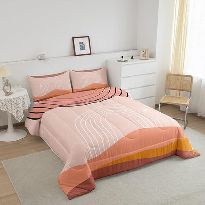 Erosebridal Pink Aesthetic Comforter Twin Girly Minimalist Bedding Set for Girls Women, Modern Down Comforter Mid Century Bed Set, Boho Abstract Art Quilted Duvet Microfiber