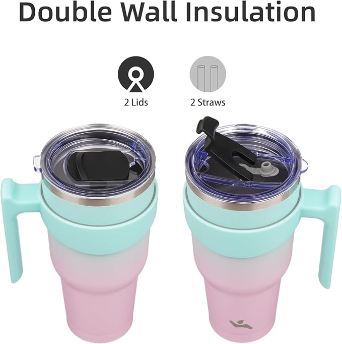 30 oz Tumbler with Handle and 2 Straw 2 Lid, Insulated Water Bottle Stainless Steel Vacuum Cup Reusable Travel Mug,Gum