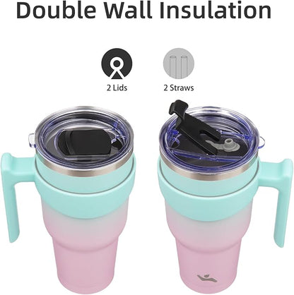 30 oz Tumbler with Handle and 2 Straw 2 Lid, Insulated Water Bottle Stainless Steel Vacuum Cup Reusable Travel Mug,Gum
