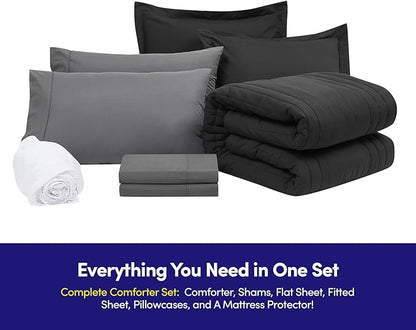 Queen Comforter Set Quilted Stripe Bedding Bundle – Stylish Set with Comforter, Mattress Protector, Sheet Set & Pillow Shams — Sophisticated Striped Design for Home & Guest Rooms, Black/Charcoal