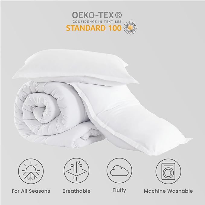 SLEEP ZONE Twin/Twin XL Size Comforter Set Duvet Insert, Down Alternative Reversible Comforter, Lightweight, Soft and Breathable Bedding All Season, Square Quilting White