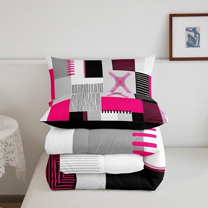Erosebridal Hot Pink Grey Comforter Set King Black White Abstract Bedding Set for Kids Girls Teen Women Geometric Square Quilt Grids Checkered Duvet Insert Modern Fashion Room Decor 3 Pcs