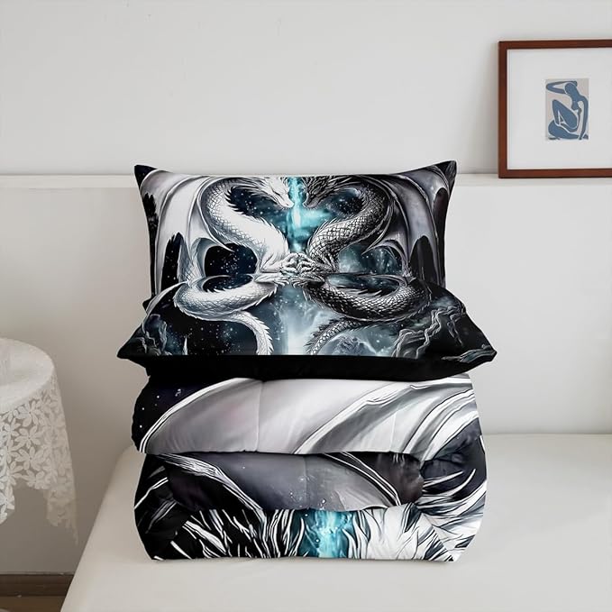 Erosebridal Dragon King Size Bedding Set, West Wildlife Comforter Set for Teens Adult Youth Men Room, Ancient Animal Down Comforter for All Season, Black White