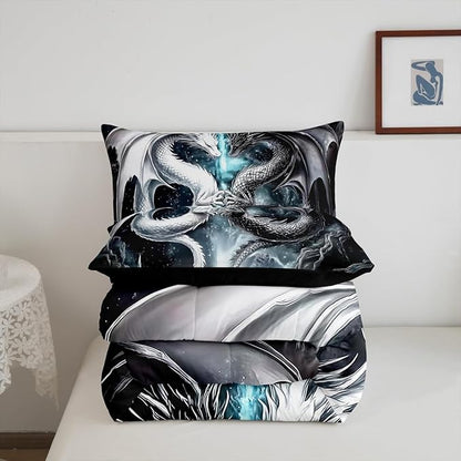 Erosebridal Dragon Queen Size Bedding Set, West Wildlife Comforter Set for Teens Adult Youth Men Room, Ancient Animal Down Comforter for All Seasons, Black White