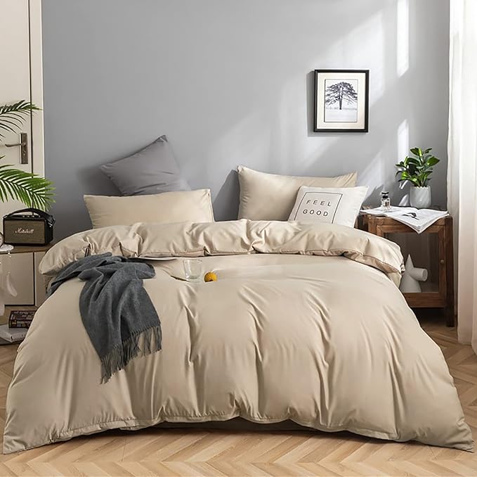 KAREVER Champagne Comforter Set Cal King Bedding Set Lightweight Women Soft Blanket 3 PCs Durable Light Khaki Colored Comforter Set Cal King