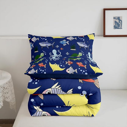 Erosebridal Tortoise Comforter Set for Kids Boys Room, Sea Turtle Shark Down Comforter Queen Size, Underwater World Bedding Set,Octopus Sea Animal Quilt, Soft Microfiber Decor, Dark Blue
