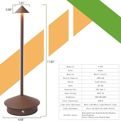 2 Pack Cordless LED Table Lamp, Rechargeable 5200mAH Battery Operated Lamp for Decor, 3 Color Stepless Dimming Desk Lamps, for Restaurant, Bedroom, Outdoor Camping, Coffee Shop, Night Light