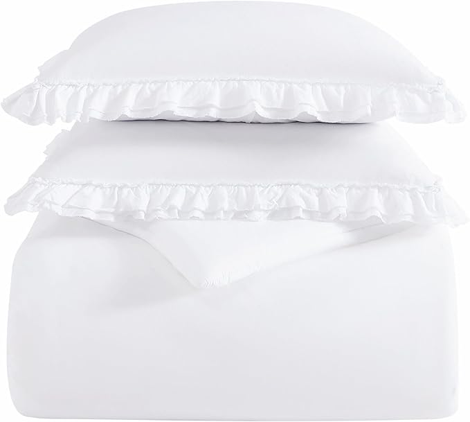 Shabby Chic® - Queen 3-Piece Comforter Set, Soft Cotton Bedding with Matching Shams, Romantic Ruffled Home Decor for All Seasons (Brette White, Queen)