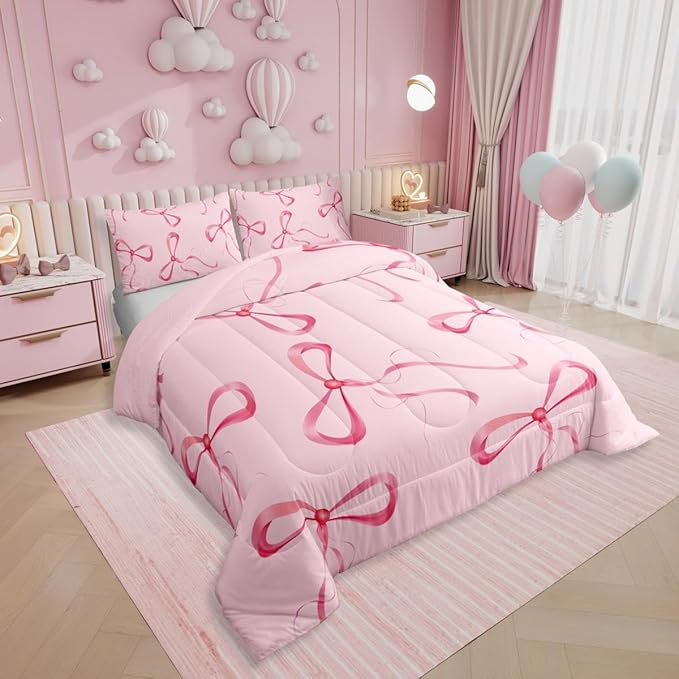 Erosebridal Pink Bow Toddler Bedding Set Cute Kawaii Bow Comforter Set for Girls Kids Teen Women,Dreamy Princess Bowknot Comforter Girly Coquette Ribbon Butterfly Knot Quilt with 1 Pillow Case