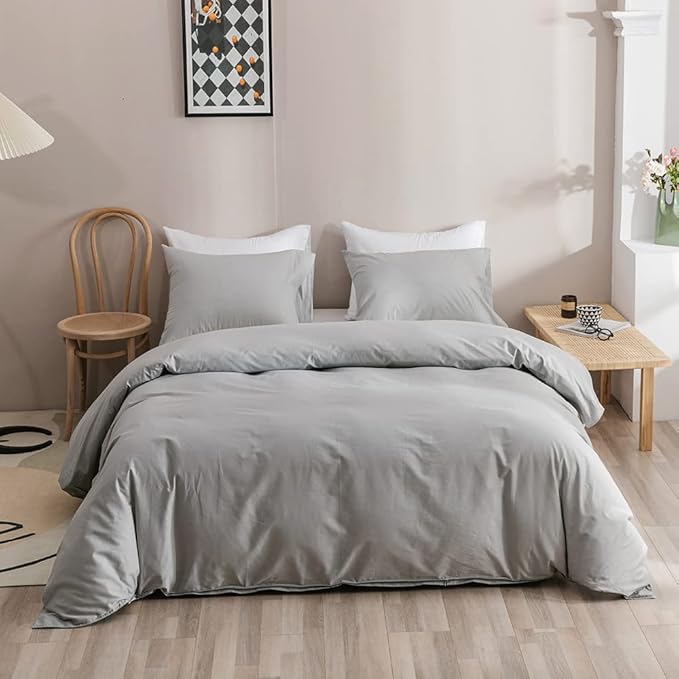 KAREVER Silver Grey Comforter Set Twin Bright Gray Beddig Set for Kids Teens Adult Solid Silver Color Bedding Set 3 Pieces with 2 Pollowcases Lightweight Durable Gray Comforter Set