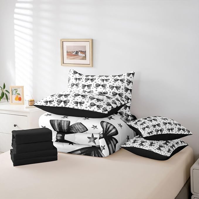 Erosebridal Kids Girls Bowknot Bow Black 7 Piece Bedding Set Twin | Kawaii Cute Comforter Set with Sheets Starry Princess Bed in A Bag Dreamy Bed Sets