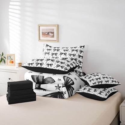 Erosebridal Kids Girls Bowknot Bow Black 7 Piece Bedding Set Twin | Kawaii Cute Comforter Set with Sheets Starry Princess Bed in A Bag Dreamy Bed Sets