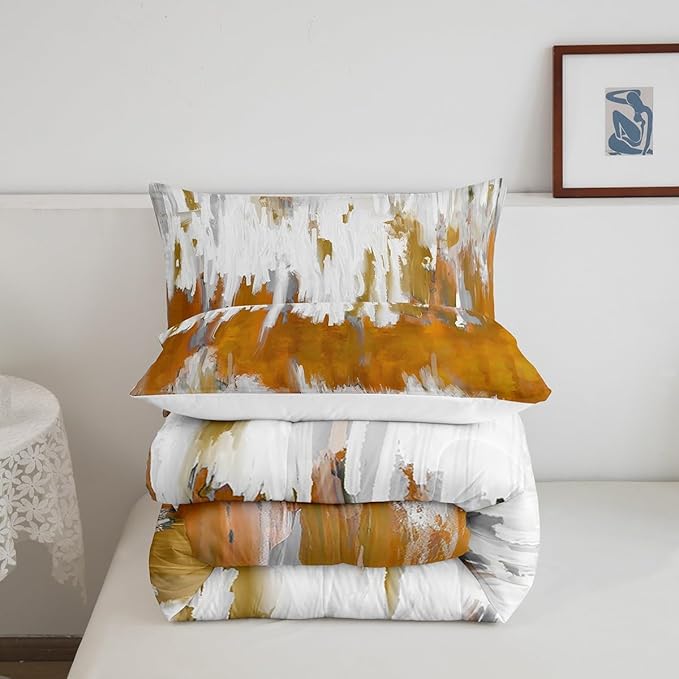 Orange Bedding Set King Gradient Stripe Comforter Set, Modern Oil Painting Graffiti Duvet Insert Watercolor Abstract Artwork Quilt Sets, Aesthetic Chic Vintage Bedding Comforters & Sets Lightweight