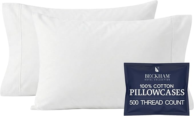 Beckham Hotel Collection 100% Cotton Pillow Cases King Size Set of 2, 500TC, Luxury Sateen Pillowcases, Open End, Breathable, Moisture-Wicking, White