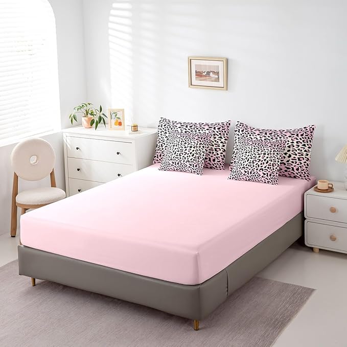 Feelyou Pink Leopard Bedding Set for All Season Cheetah 7 Pieces Comforter Sets King Size Teens Room Decor Animal Print Bed in a Bag with Comforter, Sheets, Pillowcases & Cushion Cover