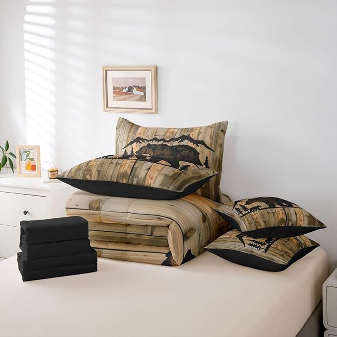 Erosebridal Cabin Bear Bed in A Bag King | Rustic Jungle Hunting 7 Piece Comforter Set Woodl and Animal Farmhouse Sheet Set Grain Countryside Barn Door Fitted Sheet Breathable Lightweight