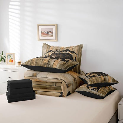 Erosebridal Cabin Bear Bed in A Bag Full | Rustic Jungle Hunting 7 Piece Comforter Set Woodl and Animal Farmhouse Sheet Set Grain Countryside Barn Door Fitted Sheet Breathable Lightweight